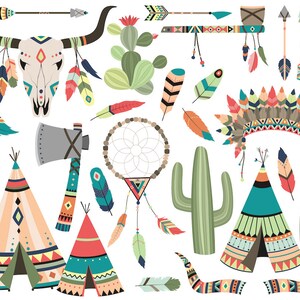 Tribal Clipart Set - Vector, PNG en JPG Files - 300 DPI leuke illustraties van hoge kwaliteit veren, pijlen, schedel, Cactus, Dream Catcher en meer!