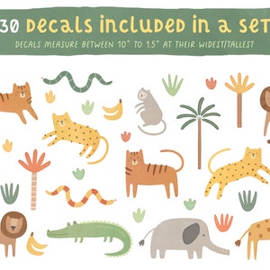 May include: A set of 30 jungle animal decals featuring tigers, lions, a giraffe, an elephant, a crocodile, a monkey, snakes, bananas, and palm trees. The text reads 30 DECALS INCLUDED IN A SET and DECALS MEASURE BETWEEN 10" TO 1.5" AT THEIR WIDEST/TALLEST.