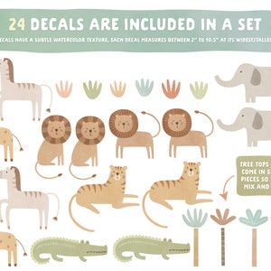May include: A set of 24 wall decals featuring watercolor-style illustrations of giraffes, zebras, elephants, lions, tigers, crocodiles, and palm trees. Text states 24 decals are included, measuring 2 to 10.5 inches, and tree parts are separate.