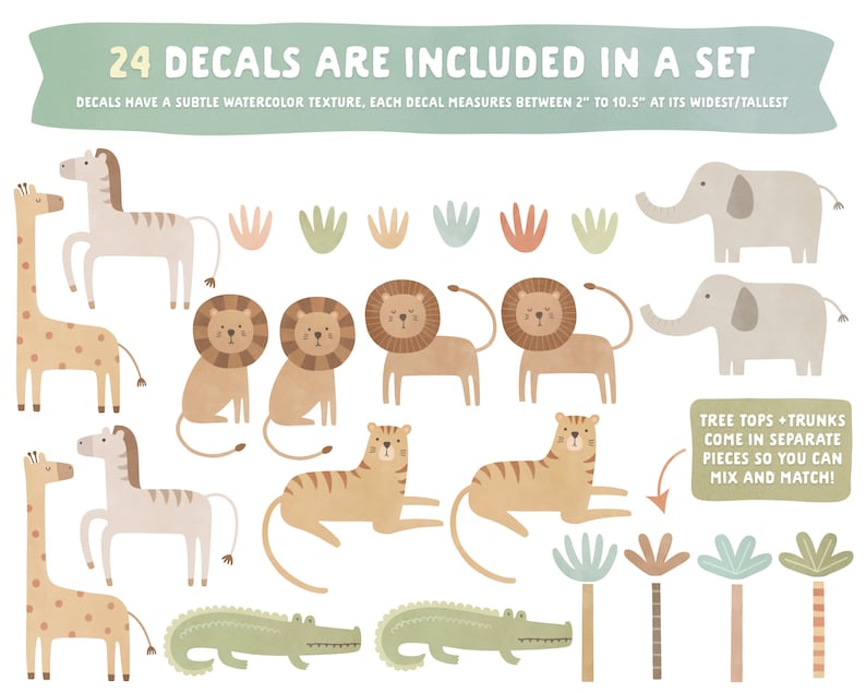 May include: A set of 24 wall decals featuring watercolor-style illustrations of giraffes, zebras, elephants, lions, tigers, crocodiles, and palm trees. Text states 24 decals are included, measuring 2 to 10.5 inches, and tree parts are separate.
