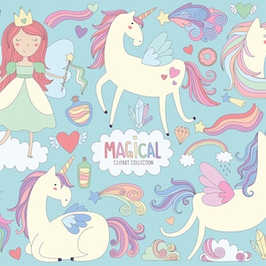 Magical Unicorns Clipart - Unicorn Clipart, Cute Magical Clip Art Collection, Princess Clipart, Whimsicle Illustration