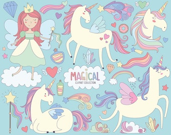 May include: A set of colorful clip art featuring unicorns, a fairy, rainbows, stars, hearts, and other magical elements. The text "Magical Clip Art Collection" is included in the image.