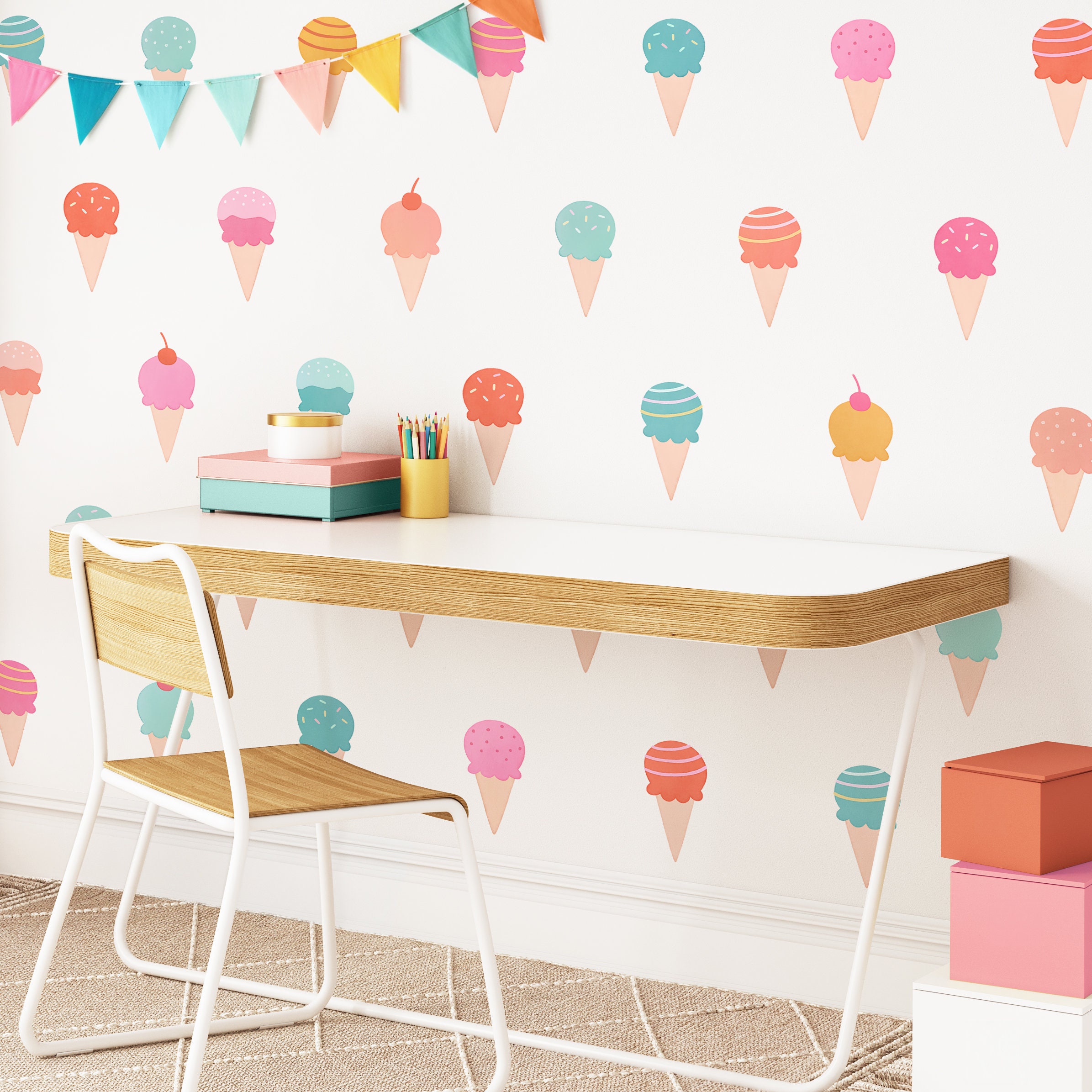 Calcomanías de pared de helado: decoración de guardería para niñas, calcomanías de pared reutilizables, arte de pared para habitación de niños, regalo de decoración del hogar