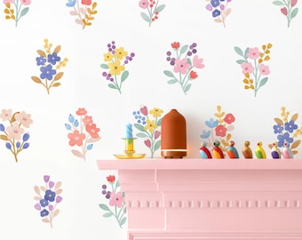 Stickers muraux fleurs - décoration florale pour chambre de bébé, art mural aquarelle fleurs sauvages, sticker mural marguerite, stickers muraux botaniques réutilisables et amovibles