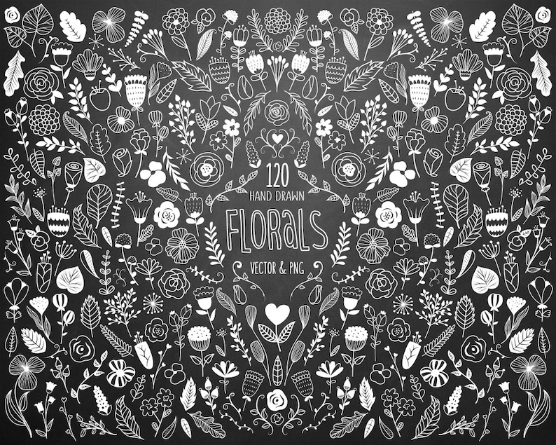 May include: A collection of 120 hand-drawn floral illustrations in white on a black background. The illustrations include flowers, leaves, stems, and other botanical elements.