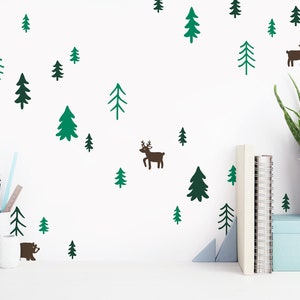 Tree Wall Decals - Woodland Nursery Decor, 3-Color Tree Wall Stickers, Pine Tree Wall Decals, Forest Animals Decals, Cute Woodland Stickers
