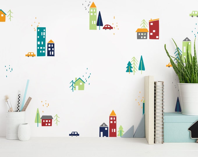 Colorful City Decals, Cute Town Decals, Nursery Decals, Modern Wall Decals, Unique Wall Decor, Trees Decals, Building Decals, and Car Decals