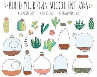 Succulent Clipart - Succulents in Jars Clip Art Set, Build Your Own Succulents, Digital Clipart, Hand Drawn Vector Design Elements