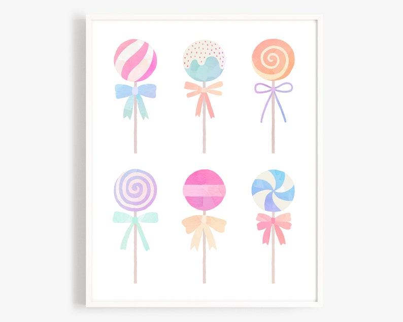Puede incluir: Seis ilustraciones de acuarela de piruletas coloridas con lazos en palos. Las piruletas son rosas, azules, naranjas, moradas y verdes.