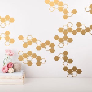 Small Honeycomb Wall Decals - Geometric Wall Decals, Gold Vinyl Decals, Honeycomb Decal, Vinyl Wall Decals, Living Room Decals, Wall Sticker