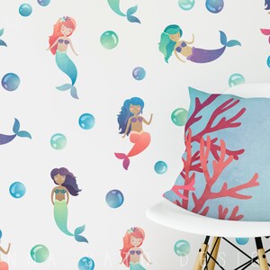 Wall Decals - Watercolor Mermaid and Bubble Decals - Reusable Wall Decals, Mermaid Decals, Bubble Decals, Mermaids, Kids Room, Wall Decor