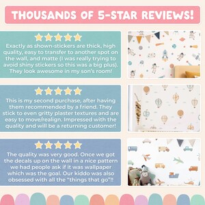 May include: A promotional graphic featuring the text THOUSANDS OF 5-STAR REVIEWS! and three customer testimonials alongside images of wall decals. The decals display space themes, hot air balloons, and various vehicles on white wall surfaces.