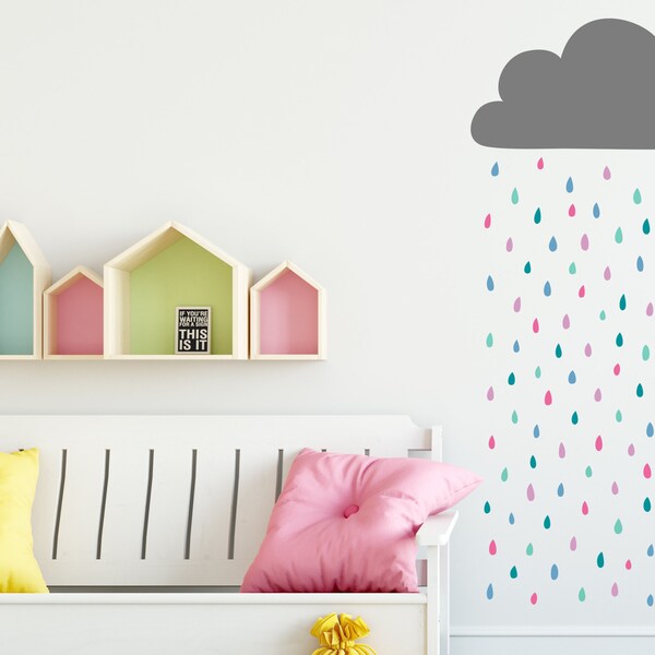 Rain Cloud Wall Decal - Cloud and Rainbow Raindrops Wall Decal, Vinyl Wall Decal, Cloud Wall Sticker, Raindrop Decal, Nursery Wall Decals