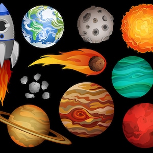 Outer Space-illustraties - Set van 10 X-Large 300 DPI vector-, PNG- en JPG-bestanden - handgetekende planeten en ruimteontwerpelementen Clipart