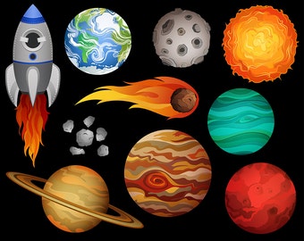 Outer Space Clip Art - Set of 10 X-Large 300 DPI Vector, PNG, and JPG Files - Hand Drawn Planets and Space Design Elements Clipart