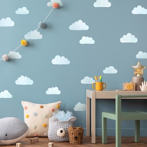 Op de afbeelding: Een blauwe muur versierd met witte wolkstickers en een slinger van veelkleurige pompons. Daaronder staan een beige kussen met stippen, een grijze mand in de vorm van een beer, een kleine gevlochten mand, een houten bureau, een groene stoel en een sterlamp.
