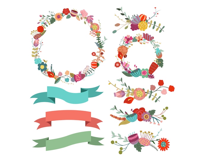 Vintage Floral Wreaths and Design Elements Clip Art- Set of 9 300 DPI PNG, JPG and Vector Files