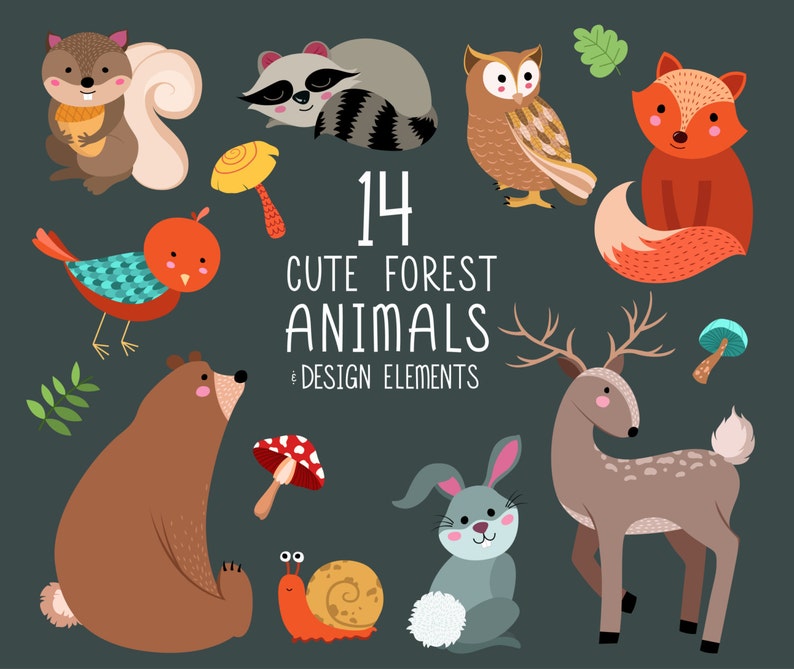 Cute Forest Animals Clip Art Digital Woodland Design Elements Set of 14 300 DPI X-Large Vector, PNG and JPG Files image 1