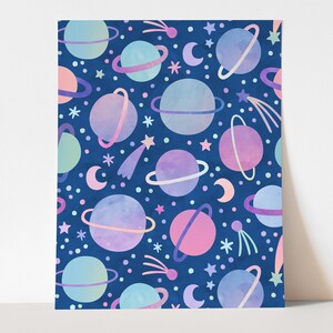 May include: A seamless pattern featuring pastel-colored planets and stars on a dark blue background. The planets have rings and are surrounded by white stars and shooting stars.