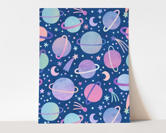 Space Art Print - Digital Nursery Print, Printable Science Wall Art, Kids Room Art, Watercolor Planets Wall Decor