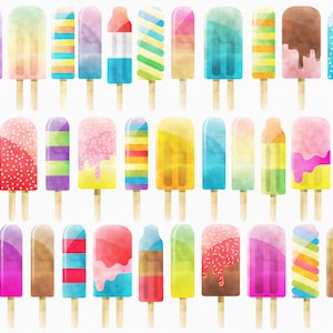 Watercolor Popsicles Clipart Set - 33 PNG files - Colorful, Hand Drawn, Textured Sweets, Ice Cream, and Summer Treats!