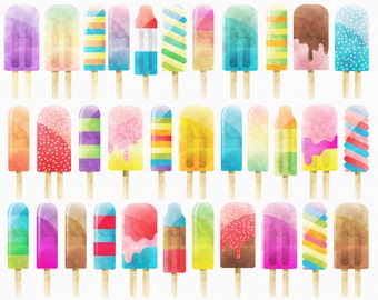 Watercolor Popsicles Clipart Set - 33 PNG files - Colorful, Hand Drawn, Textured Sweets, Ice Cream, and Summer Treats!