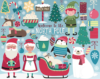 Christmas Clipart -  North Pole Clipart, Holiday Clipart, Christmas Clip Art Set, Santa and Christmas Design Elements, Vector Clipart