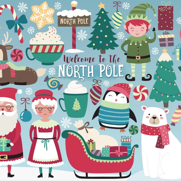 Kerst Clipart - Noordpool Clipart, vakantie Clipart, Christmas Clip Art Set, Santa en Kerstmis ontwerpelementen, Vector Clipart