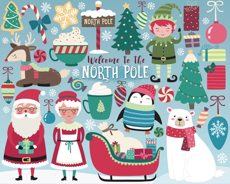 Christmas Clipart North Pole Clipart, Holiday Clipart, Christmas Clip Art Set, Santa and Christmas Design Elements, Vector Clipart image 1