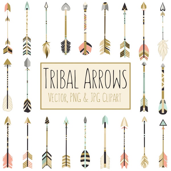 Tribal Arrows Boho Clipart - 28 300 DPI Vector, PNG & JPG Files - Unique Arrow Clip Art Set in Coral, Navy, Mint and Gold