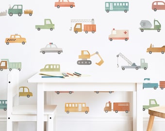 Car and Truck Wall Decals - Nursery Decor, Watercolor Wall Art, Kids Room Decal, Reusable and Removable Wall Stickers