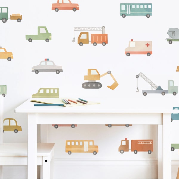 Car and Truck Wall Decals - Nursery Decor, Watercolor Wall Art, Kids Room Decal, Reusable and Removable Wall Stickers