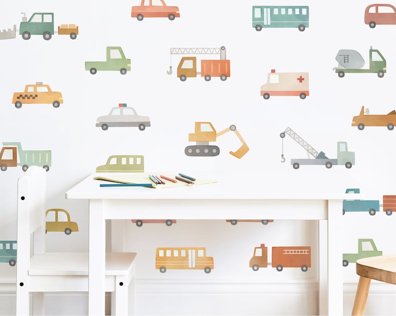 Car and Truck Wall Decals Nursery Decor, Watercolor Wall Art, Kids Room Decal, Reusable and Removable Wall Stickers image 1