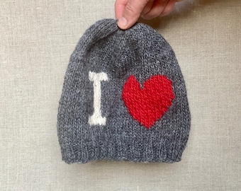 I Heart Hat, Adult, Love, Valentine, Red Heart, Handknit, Wool, Homespun