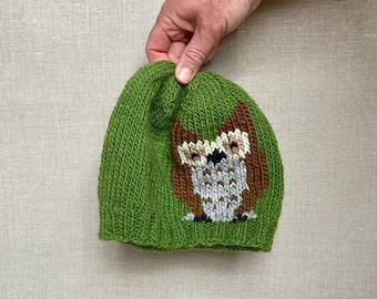 Owl Adult Knit Hat Green, Hand knit hat, Bird Lover, Audubon, Green