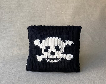 BACKSTOCK SALE** Skull Pillow, Nautical, Pirate, Black, Cushie, Handmade, Handknit, Homespun, Gift, 11x11&quot;