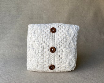 Sea Fisherman Knit Pillow, Cable Sweater, Aran, Handmade, Handknit, Tooth Fairie Pockets, Throw Pillow, Homespun,  11x11&quot;
