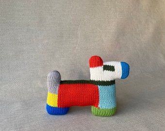 BACKSTOCK SALE** Mondrian Dog Doll, Knit Dog, Modern Art, Color Block, Handmade, Handknit, Plushie, Gender Neutral, All Ages, 8x10.5x2.5"