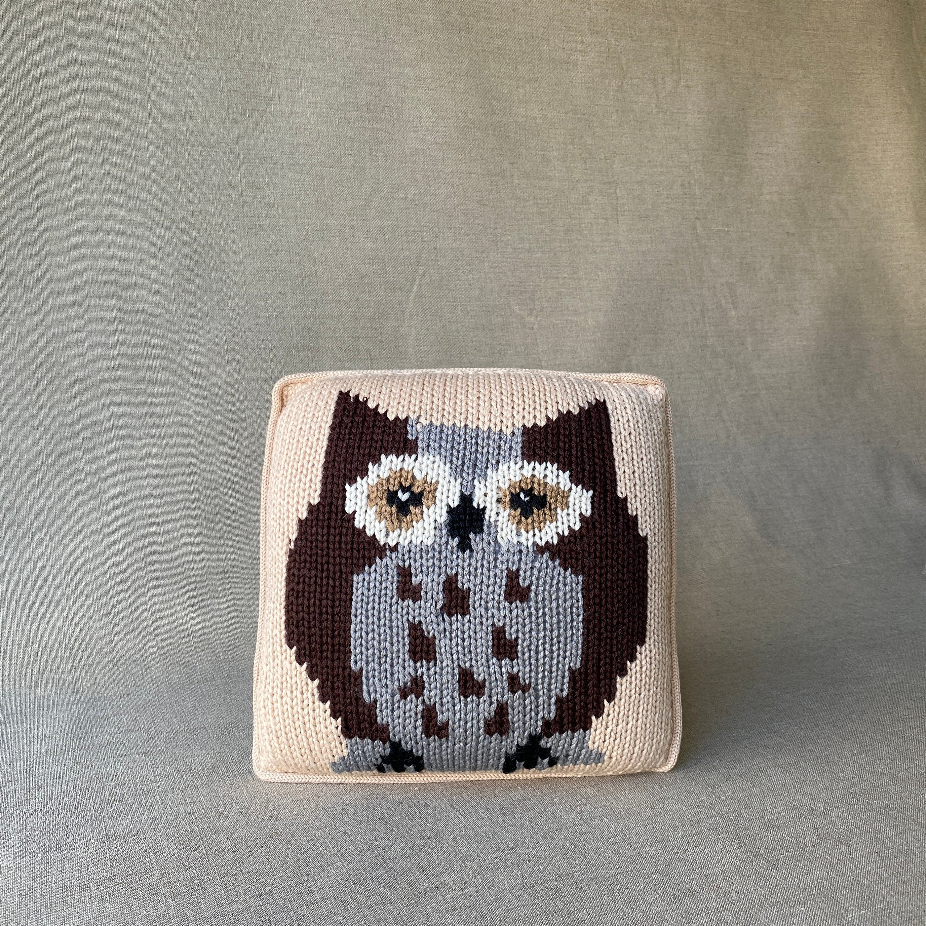 BACKSTOCK SALE** Forest Friend Owl Pillow, Knit Owl, Hand knit pillow, Bird Pillow, Bird Lover, Audubon 11"x11"