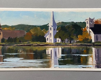 Oil painting of Mahone Bay, Nova Scotia, hand painted card by Evgenia Makogon