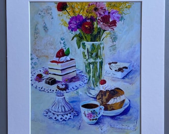 Print from an original painting of coffee and sweets by Evgenia Makogon