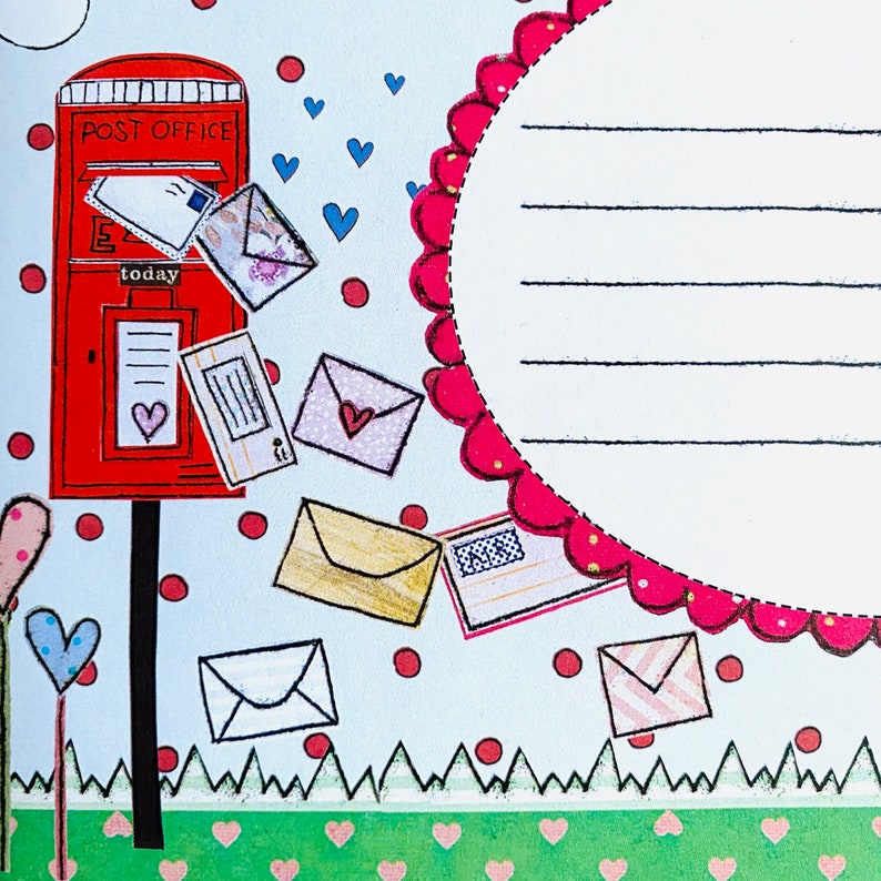 May include: A red post office box with a white 'Post Office' sign and 'today' written on the side. The box is surrounded by a white background with red dots, blue hearts, and colorful envelopes. A pink circle with white lines is in the upper right corner.