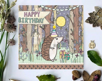 Carte d’anniversaire hérisson | Woodland Birthday | Cadeau hérisson | Hedgehog Art | Carte d’animal mignonne | Illustration à la main et imprimée au Royaume-Uni