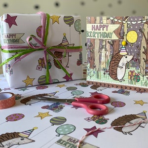 Lot de cartes d'anniversaire et papier cadeau hérisson | 70 cm x 50 cm | Respectueux de l'environnement et recyclable | Emballage cadeau | Sans plastique | Zéro carbone