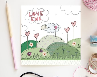 Love Ewe Animal Birthday Card | Valentines Card | Valentines Day Card | Cute | Sheep card | Hand illustration and printed in the UK