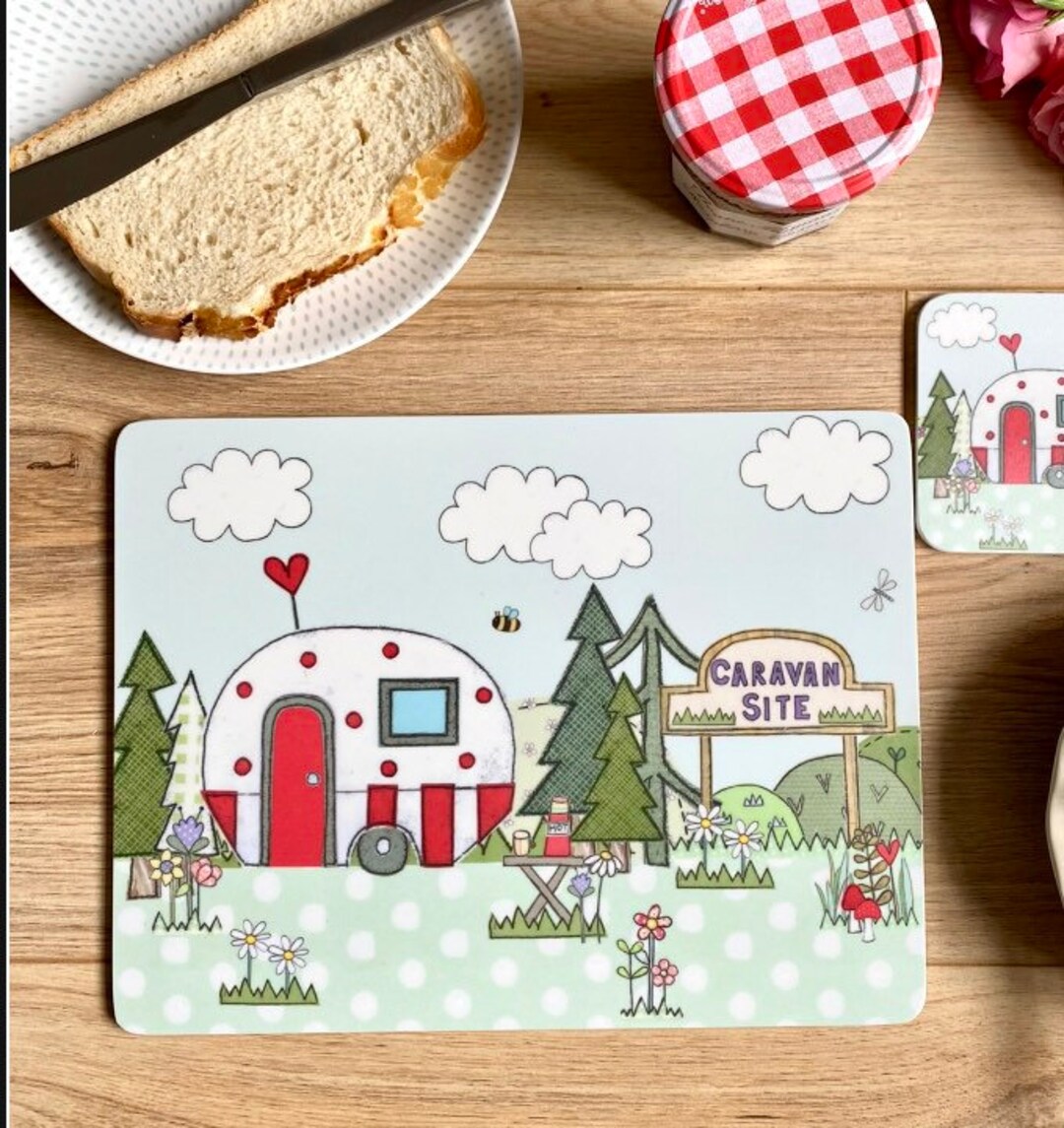 2 Caravan Placemats and Coasters Set Melamine Happy Camper Etsy