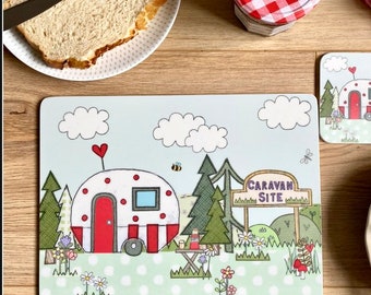 2 Caravan Placemats and coasters set| Melamine | Happy Camper Gift | Caravan Gift | Gift for him | Gift for her | Made in Britain