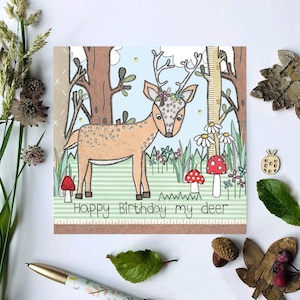 Carte d’anniversaire de cerf | Woodland Card | Cute Design Illustration à la main et imprimée au Royaume-Uni