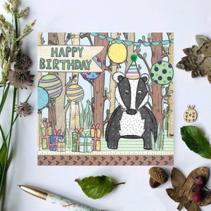Woodland Verjaardagskaart |  Badger Card | Badger Gift | Badger Art | Happy Birthday Cute Animal Design Handillustratie en gedrukt in het Verenigd Koninkrijk