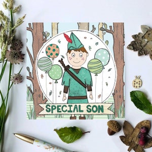 Tarjeta de cumpleaños de hijo especial / Tarjeta de hijo de feliz cumpleaños / Tarjeta de Robin Hood Woodland / Tarjeta para él / Ilustración de mano impresa en el Reino Unido